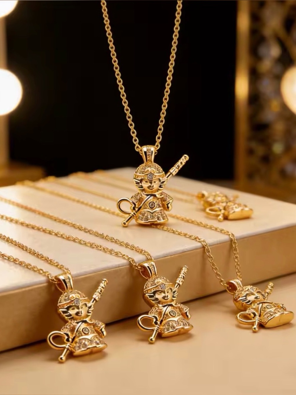 18K Gold Monkey King w/ Staff Micro Pave Diamond Inlay Necklace Mythology Legend - Picture 3 of 13